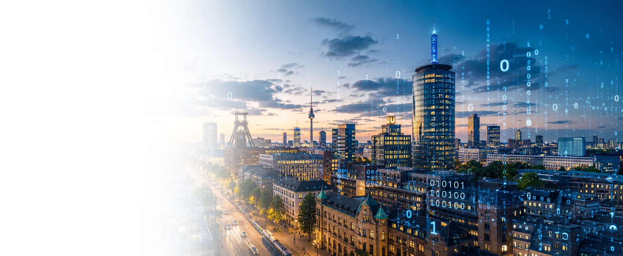 Skyline von Dortmund bei Abendlicht mit digitalem Datenmuster